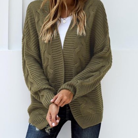 Trendy By Bean and Bubs Sweaters - Olive Chunky Wide Long Sleeve Knit Cardigan